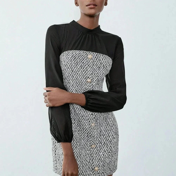 Black Elegant Women's Button Decor Chiffon Patchwork Lantern Sleeve Dress - Picture 3 of 6